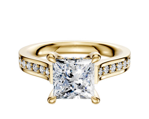 14K Yellow Gold 4 Prong Hidden Halo Cathedral Flat 1-Row-Pave 2.5mm Engagement Ring