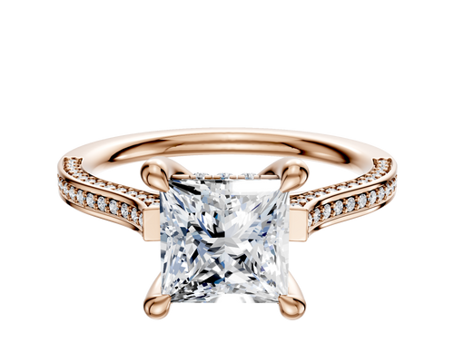 18K Rose Gold 4 Prong Hidden Halo Cathedral Flat 3-Row-Pave 2.0mm Engagement Ring