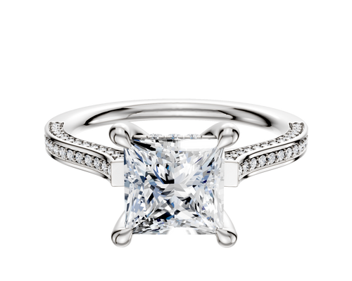 Platinum 4 Prong Hidden Halo Cathedral Flat 3-Row-Pave 2.0mm Engagement Ring