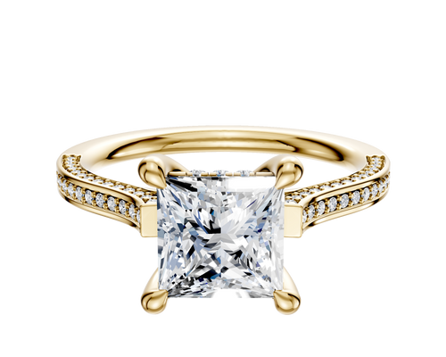 14K Yellow Gold 4 Prong Hidden Halo Cathedral Flat 3-Row-Pave 2.0mm Engagement Ring