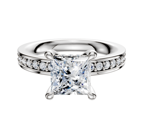 18K White Gold 4 Prong Hidden Halo Classic Flat 1-Row-Pave 2.5mm Engagement Ring