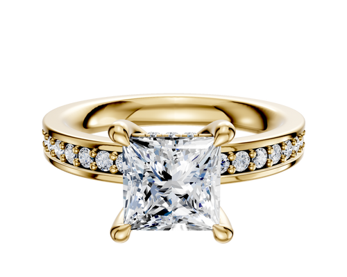14K Yellow Gold 4 Prong Hidden Halo Classic Flat 1-Row-Pave 2.5mm Engagement Ring