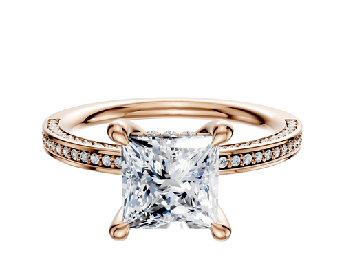 18K Rose Gold 4 Prong Hidden Halo Classic Flat 3-Row-Pave 2.0mm Engagement Ring