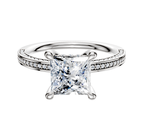 18K White Gold 4 Prong Hidden Halo Classic Flat 3-Row-Pave 2.0mm Engagement Ring