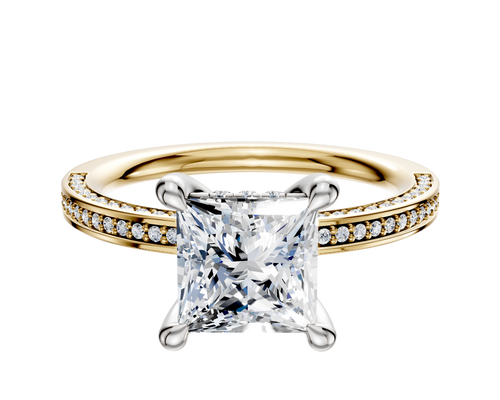 14K Two Tone 4 Prong Hidden Halo Classic Flat 3-Row-Pave 2.0mm Engagement Ring