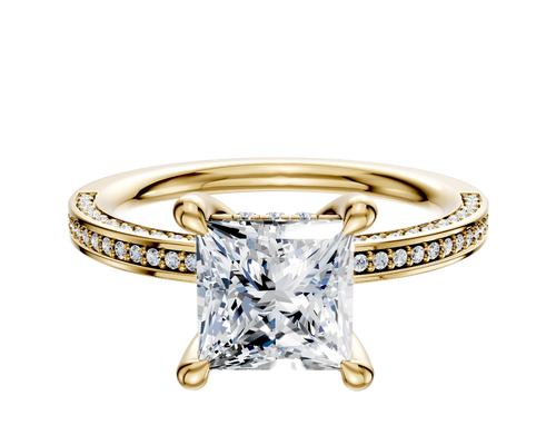 18K Yellow Gold 4 Prong Hidden Halo Classic Flat 3-Row-Pave 2.0mm Engagement Ring