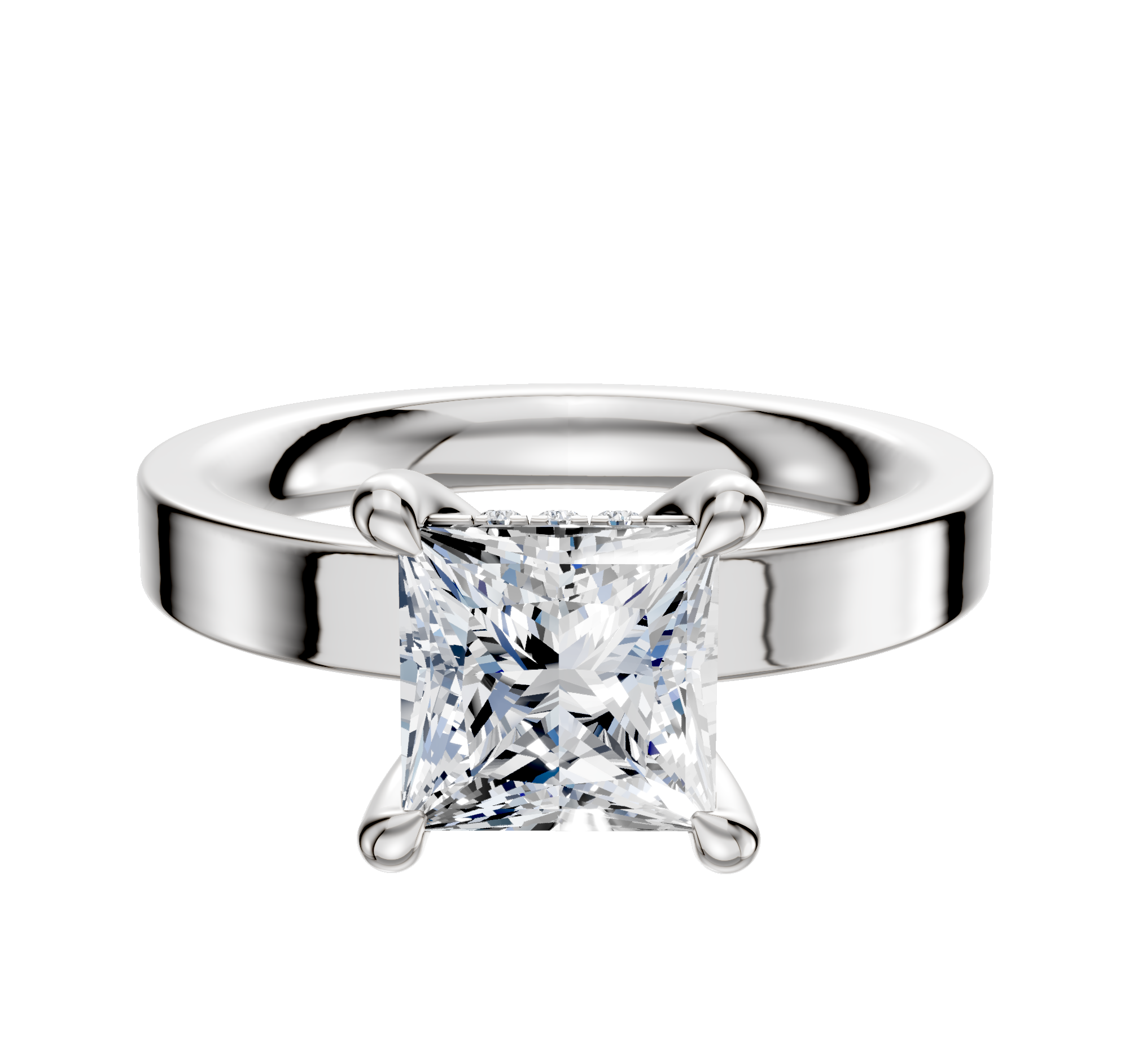 A 14K white gold engagement ring with a classic flat 3.0mm band and a large square-cut diamond in a four-prong hidden halo setting, displayed on a plain white background.
