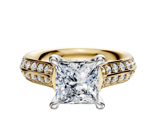 18K Two Tone 4 Prong Hidden Halo Cathedral Knife Edge 1-Row-Pave 2.5mm Engagement Ring