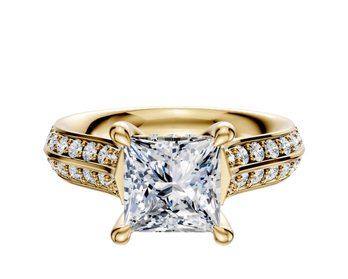 18K Yellow Gold 4 Prong Hidden Halo Cathedral Knife Edge 1-Row-Pave 2.5mm Engagement Ring