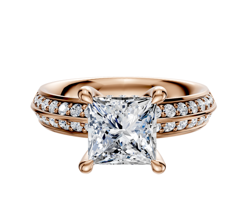 18K Rose Gold 4 Prong Hidden Halo Classic Knife Edge 1-Row-Pave 2.5mm Engagement Ring