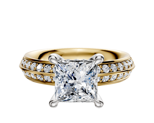 14K Two Tone 4 Prong Hidden Halo Classic Knife Edge 1-Row-Pave 2.5mm Engagement Ring