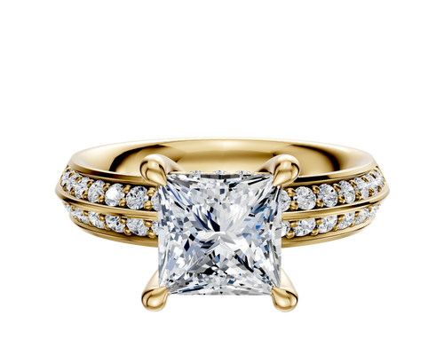 18K Yellow Gold 4 Prong Hidden Halo Classic Knife Edge 1-Row-Pave 2.5mm Engagement Ring