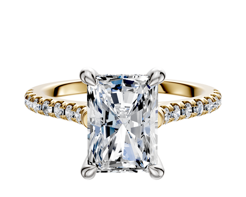 18K Two Tone 4 Prong Hidden Halo Cathedral Dome 1-Row-Pave 2.5mm Engagement Ring