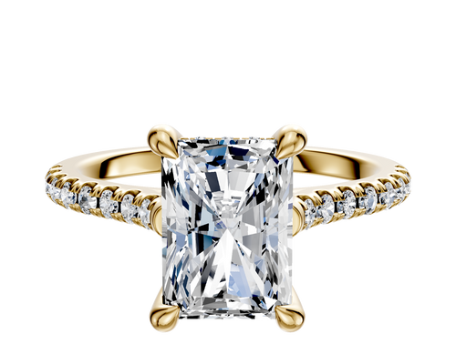 18K Yellow Gold 4 Prong Hidden Halo Cathedral Dome 1-Row-Pave 2.5mm Engagement Ring