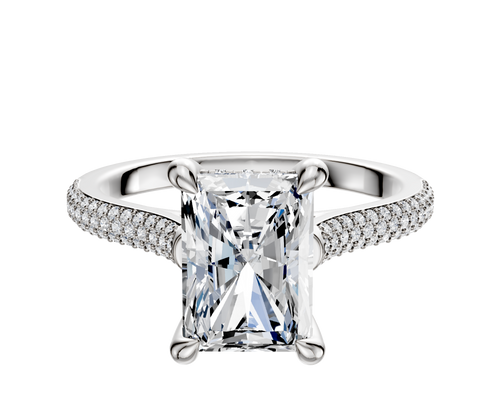 18K White Gold 4 Prong Hidden Halo Cathedral Dome 3-Row-Pave 2.0mm Engagement Ring