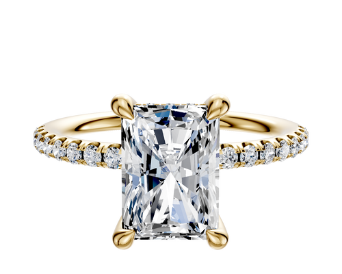 18K Yellow Gold 4 Prong Hidden Halo Classic Dome 1-Row-Pave 2.5mm Engagement Ring