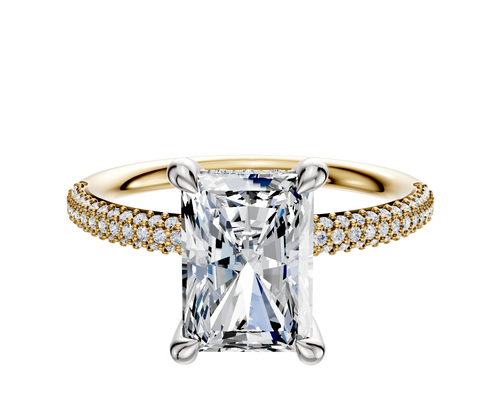 18K Two Tone 4 Prong Hidden Halo Classic Dome 3-Row-Pave 2.0mm Engagement Ring