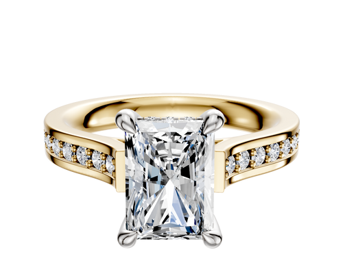 18K Two Tone 4 Prong Hidden Halo Cathedral Flat 1-Row-Pave 2.5mm Engagement Ring