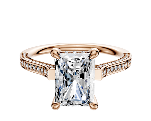 18K Rose Gold 4 Prong Hidden Halo Cathedral Flat 3-Row-Pave 2.0mm Engagement Ring