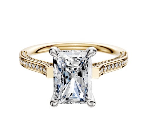 14K Two Tone 4 Prong Hidden Halo Cathedral Flat 3-Row-Pave 2.0mm Engagement Ring
