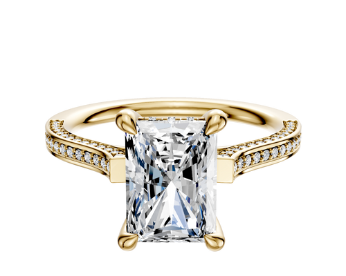 14K Yellow Gold 4 Prong Hidden Halo Cathedral Flat 3-Row-Pave 2.0mm Engagement Ring
