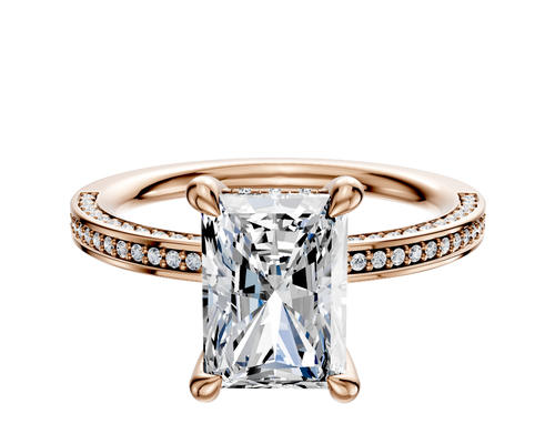 18K Rose Gold 4 Prong Hidden Halo Classic Flat 3-Row-Pave 2.0mm Engagement Ring
