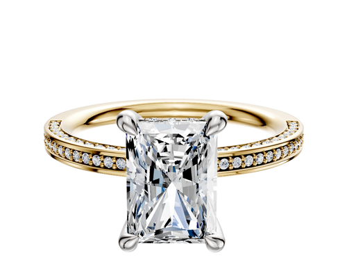 18K Two Tone 4 Prong Hidden Halo Classic Flat 3-Row-Pave 2.0mm Engagement Ring