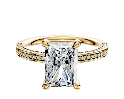 18K Yellow Gold 4 Prong Hidden Halo Classic Flat 3-Row-Pave 2.0mm Engagement Ring