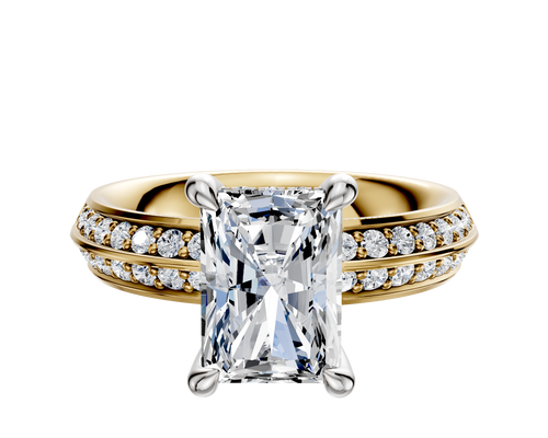 18K Two Tone 4 Prong Hidden Halo Classic Knife Edge 1-Row-Pave 2.5mm Engagement Ring