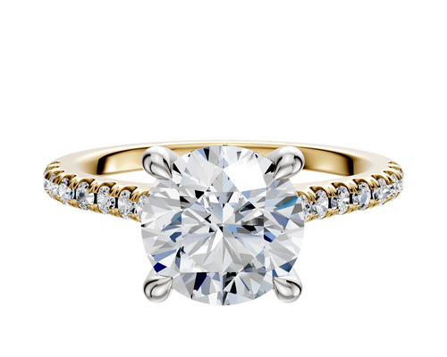 18K Two Tone 4 Prong Hidden Halo Cathedral Dome 1-Row-Pave 2.5mm Engagement Ring
