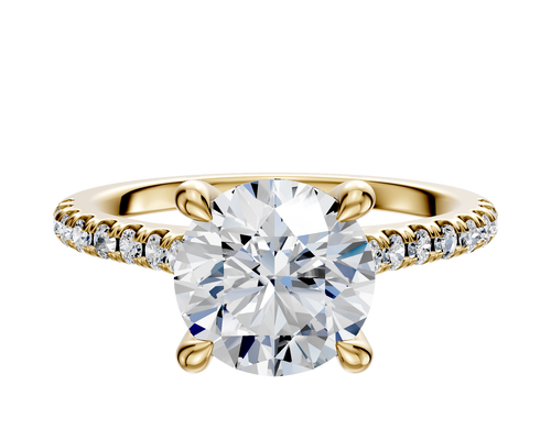 18K Yellow Gold 4 Prong Hidden Halo Cathedral Dome 1-Row-Pave 2.5mm Engagement Ring