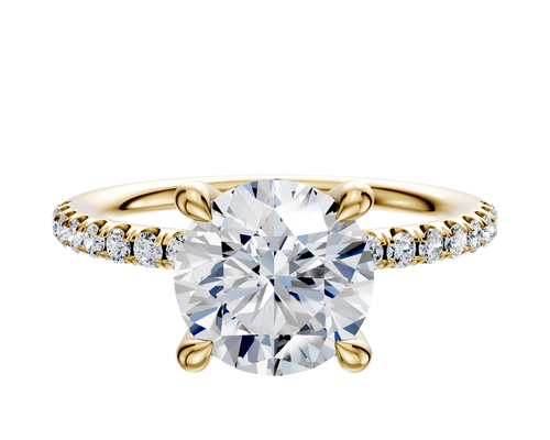 14K Yellow Gold 4 Prong Hidden Halo Classic Dome 1-Row-Pave 2.5mm Engagement Ring
