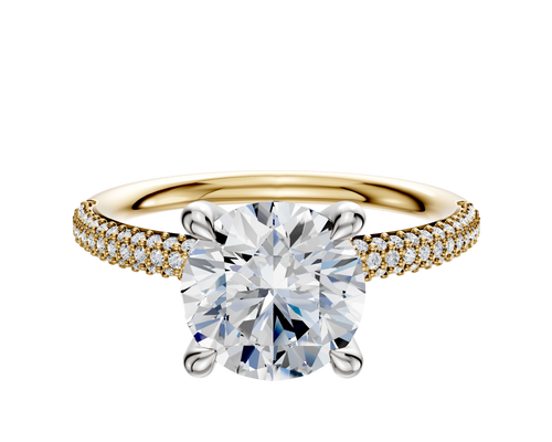 18K Two Tone 4 Prong Hidden Halo Classic Dome 3-Row-Pave 2.0mm Engagement Ring