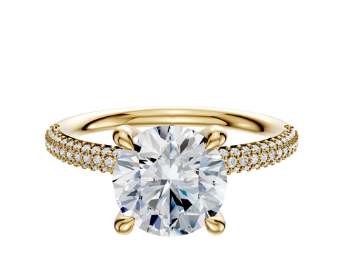 18K Yellow Gold 4 Prong Hidden Halo Classic Dome 3-Row-Pave 2.0mm Engagement Ring