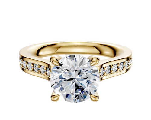 14K Yellow Gold 4 Prong Hidden Halo Cathedral Flat 1-Row-Pave 2.5mm Engagement Ring