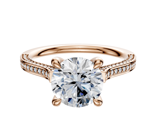 14K Rose Gold 4 Prong Hidden Halo Cathedral Flat 3-Row-Pave 2.0mm Engagement Ring