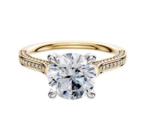18K Two Tone 4 Prong Hidden Halo Cathedral Flat 3-Row-Pave 2.0mm Engagement Ring