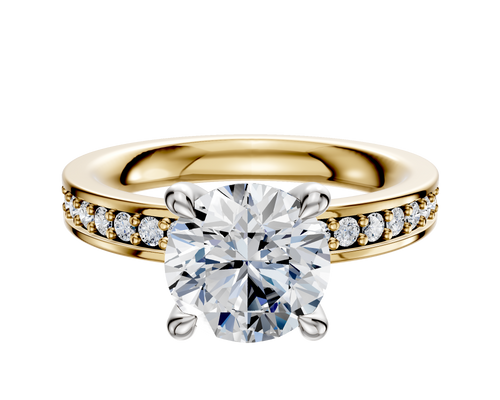 14K Two Tone 4 Prong Hidden Halo Classic Flat 1-Row-Pave 2.5mm Engagement Ring
