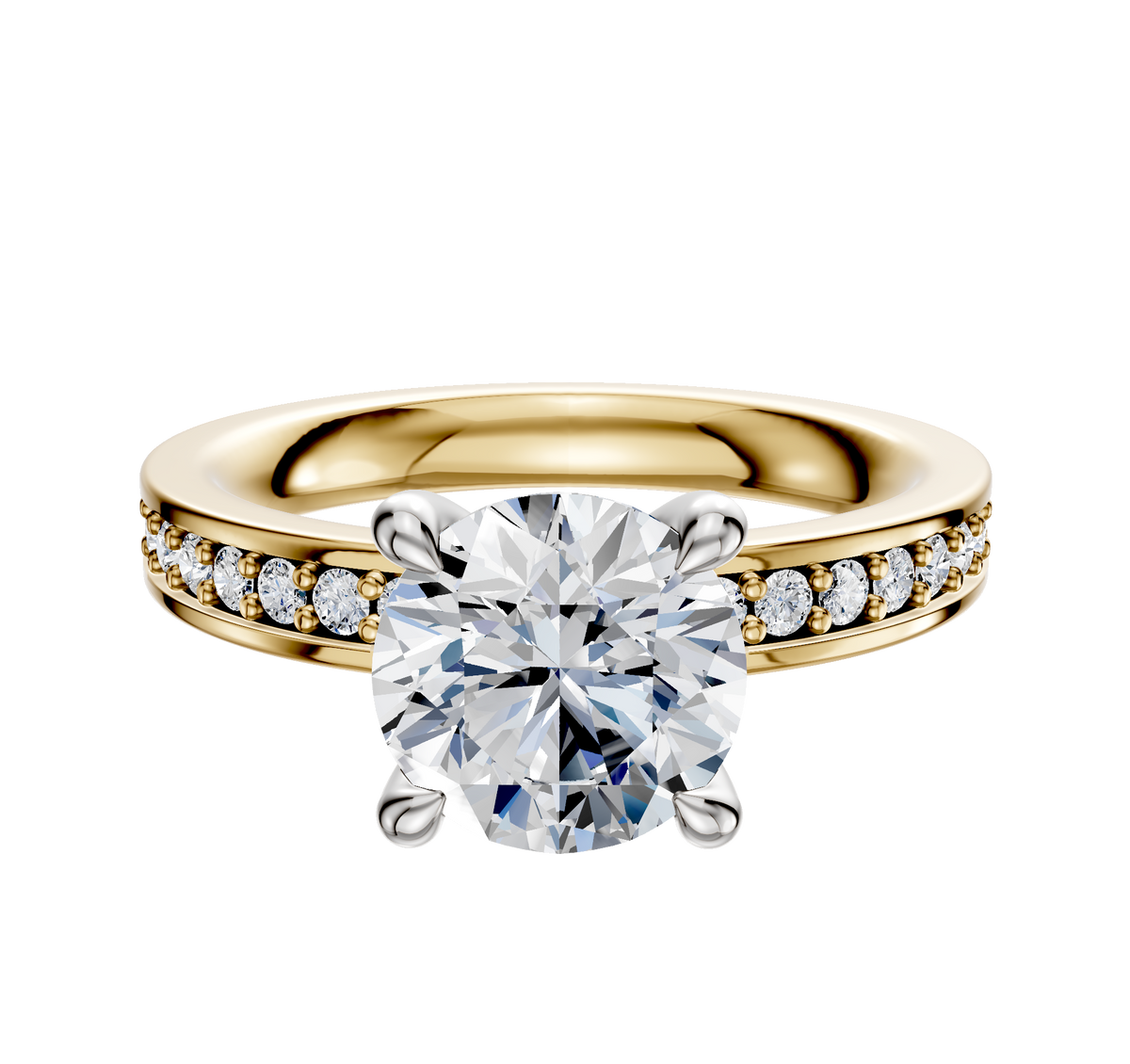 The 14K Two Tone 4 Prong Hidden Halo Classic Flat 1-Row-Pave 2.5mm Engagement Ring features a round-cut center diamond in a prong setting with smaller diamonds set along the band for added brilliance.