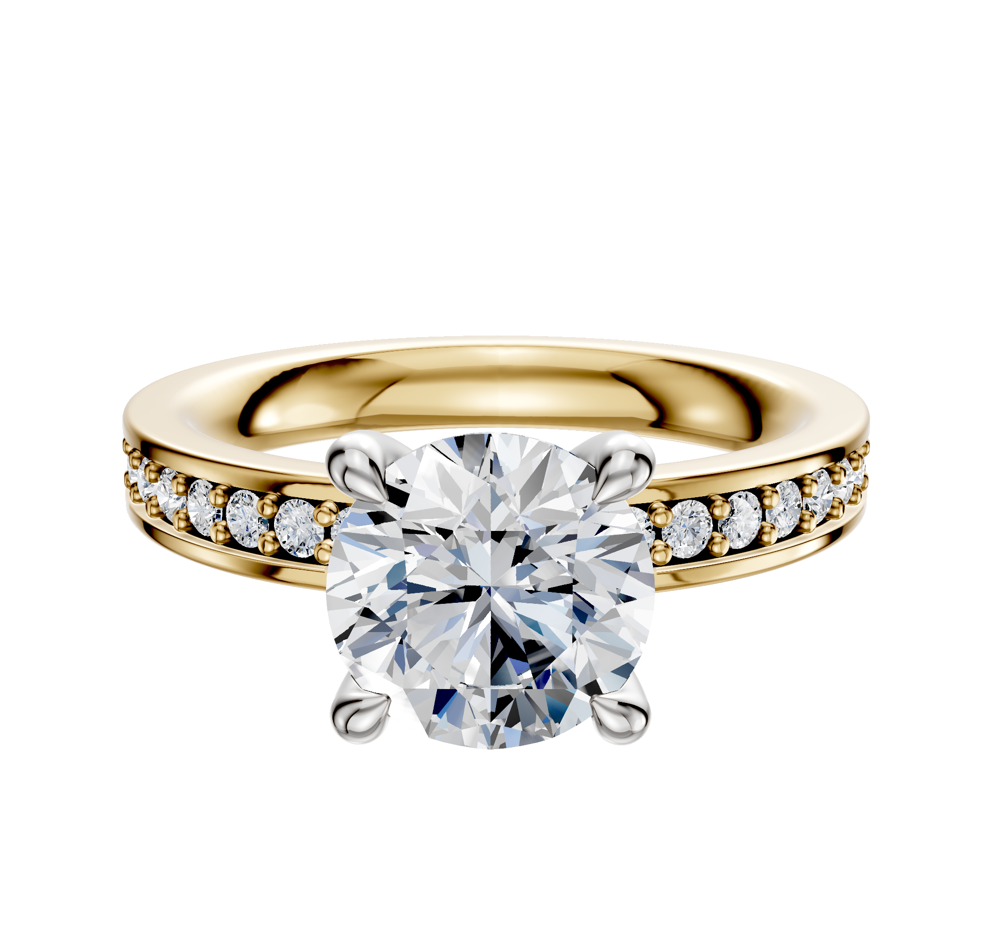 The 14K Two Tone 4 Prong Hidden Halo Classic Flat 1-Row-Pave 2.5mm Engagement Ring features a round-cut center diamond in a prong setting with smaller diamonds set along the band for added brilliance.