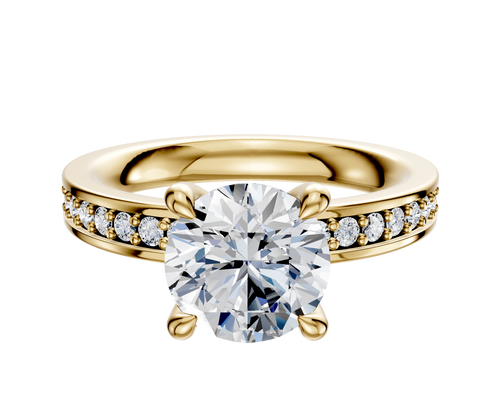 18K Yellow Gold 4 Prong Hidden Halo Classic Flat 1-Row-Pave 2.5mm Engagement Ring