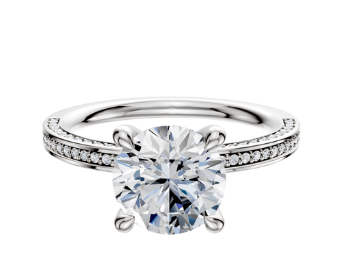 14K White Gold 4 Prong Hidden Halo Classic Flat 3-Row-Pave 2.0mm Engagement Ring