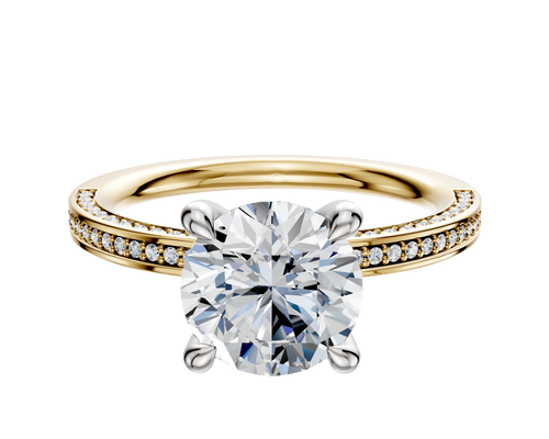 14K Two Tone 4 Prong Hidden Halo Classic Flat 3-Row-Pave 2.0mm Engagement Ring