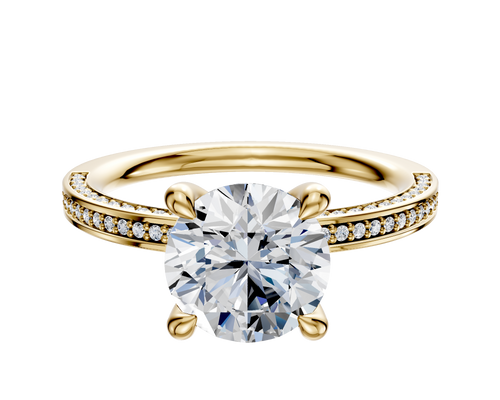 14K Yellow Gold 4 Prong Hidden Halo Classic Flat 3-Row-Pave 2.0mm Engagement Ring