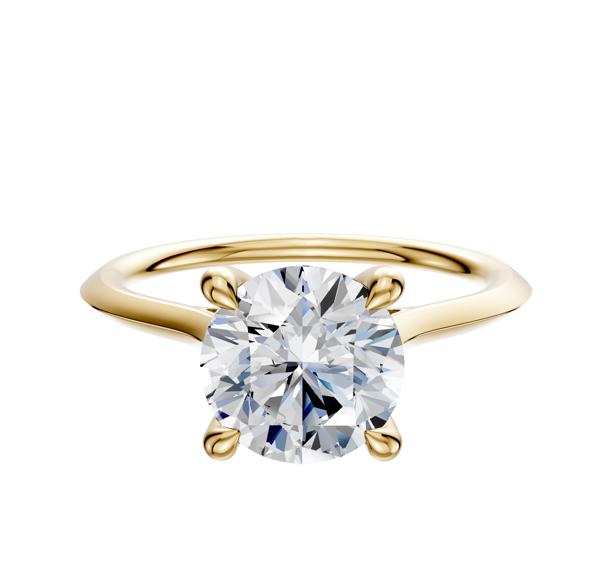 A 14K yellow gold cathedral knife edge engagement ring, featuring a 1.5mm band and round diamond set in four prongs with a hidden halo, displayed on a plain light background.