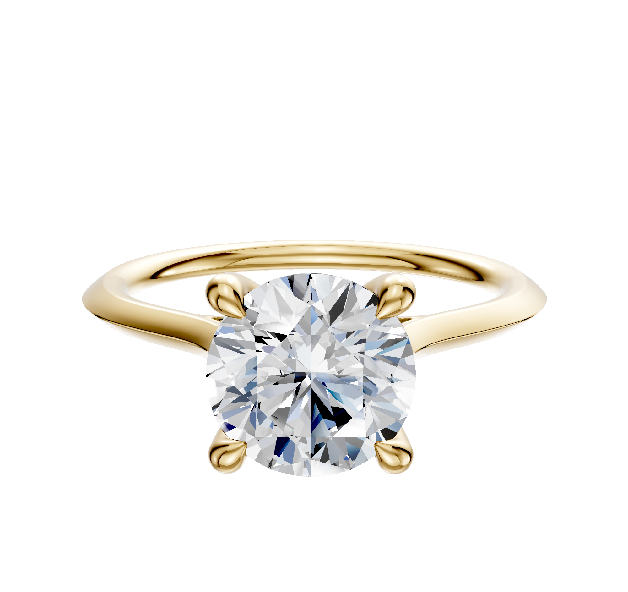 A 14K yellow gold cathedral knife edge engagement ring, featuring a 1.5mm band and round diamond set in four prongs with a hidden halo, displayed on a plain light background.