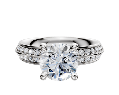 14K White Gold 4 Prong Hidden Halo Classic Knife Edge 1-Row-Pave 2.5mm Engagement Ring