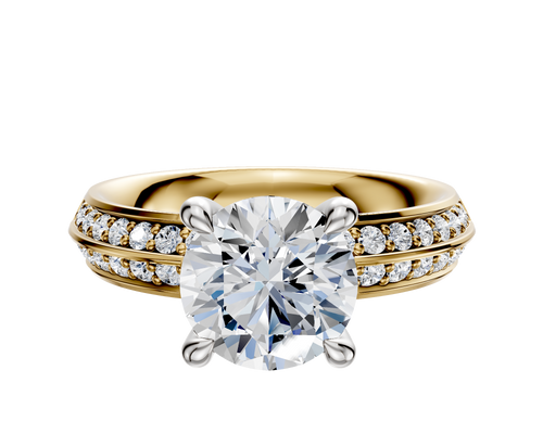 18K Two Tone 4 Prong Hidden Halo Classic Knife Edge 1-Row-Pave 2.5mm Engagement Ring