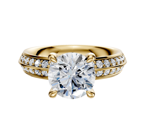 14K Yellow Gold 4 Prong Hidden Halo Classic Knife Edge 1-Row-Pave 2.5mm Engagement Ring