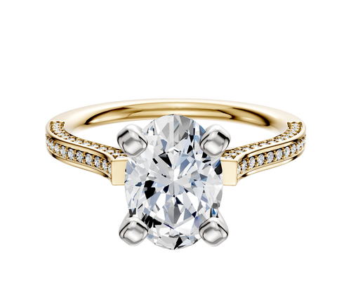 18K Two Tone 4 Prong Cathedral Flat 3-Row-Pave 2.0mm Engagement Ring